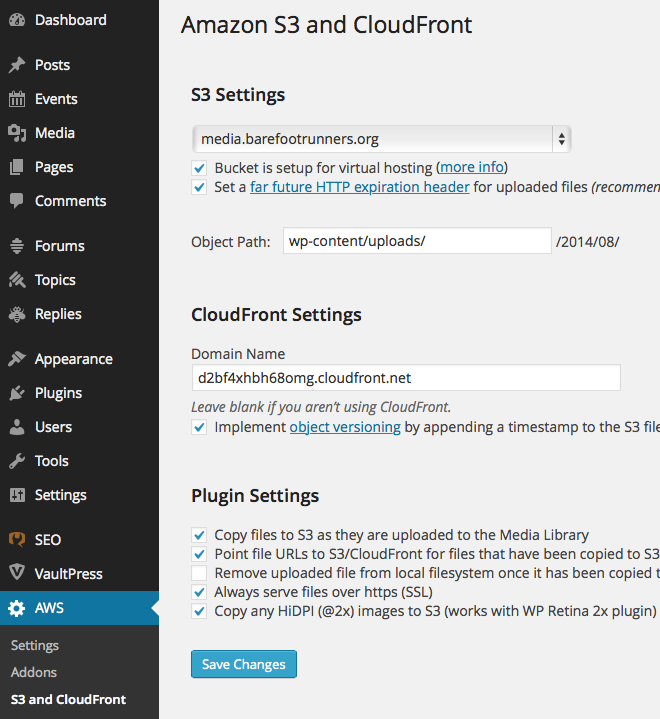 AWS WordPress Plugin Settings
